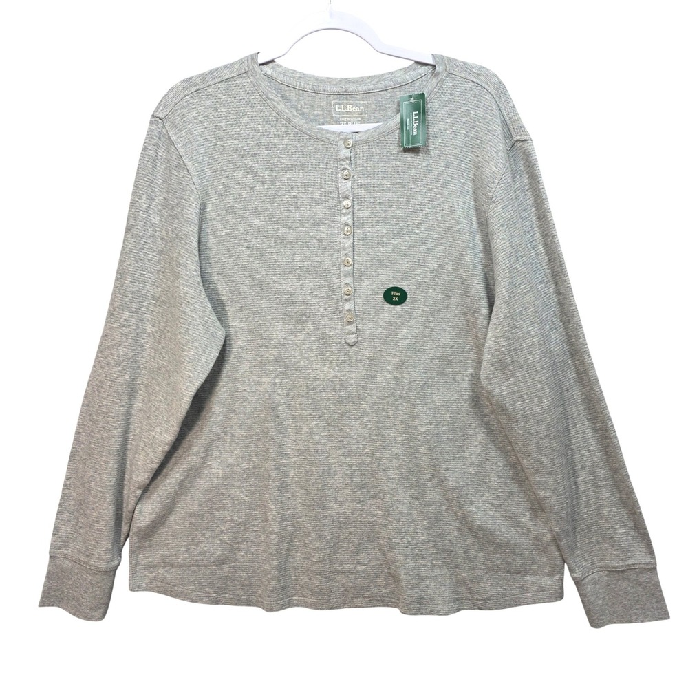 New LL Bean Waffle Knit Henley Shirt Womens 2X Plus Gray Button Outdoor